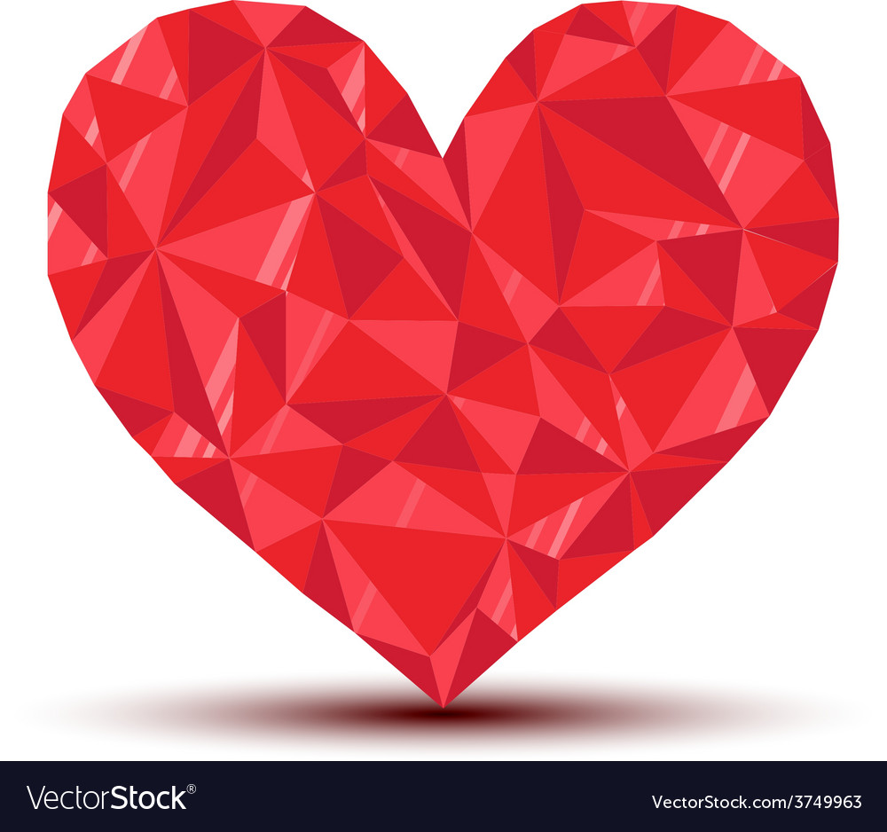 Polygonal ruby heart with reflection and shadow