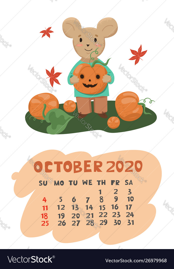 Mouse holds pumpkin calendar for october 2020 Vector Image