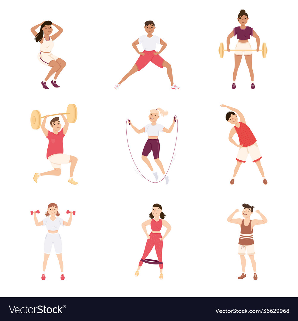 People characters at gym doing physical exercise Vector Image