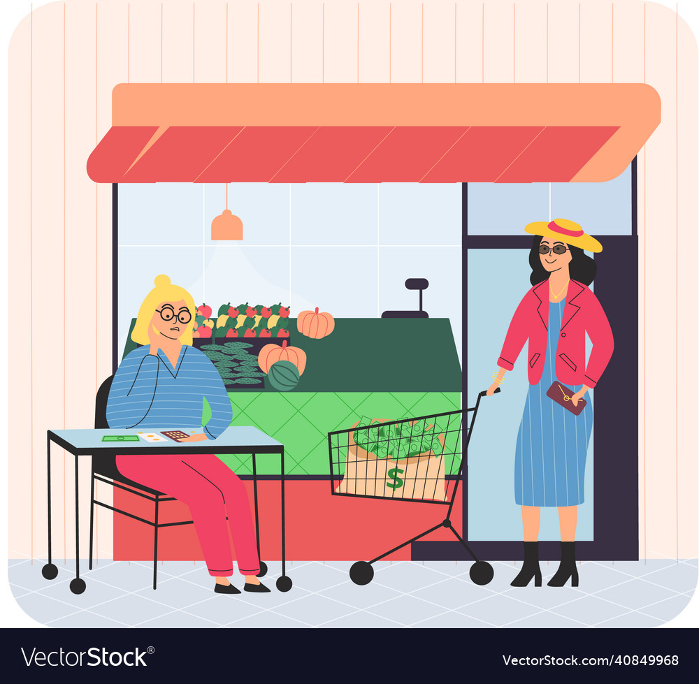 People in grocery store with fresh food fruits vector image People in grocery store with fresh food fruits
