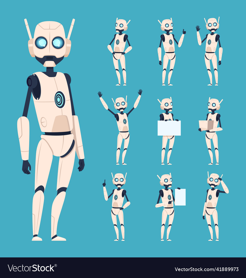Niedliche Roboter android Zeichen in Aktion Posen vector image Niedliche Roboter android Zeichen in Aktion Posen
