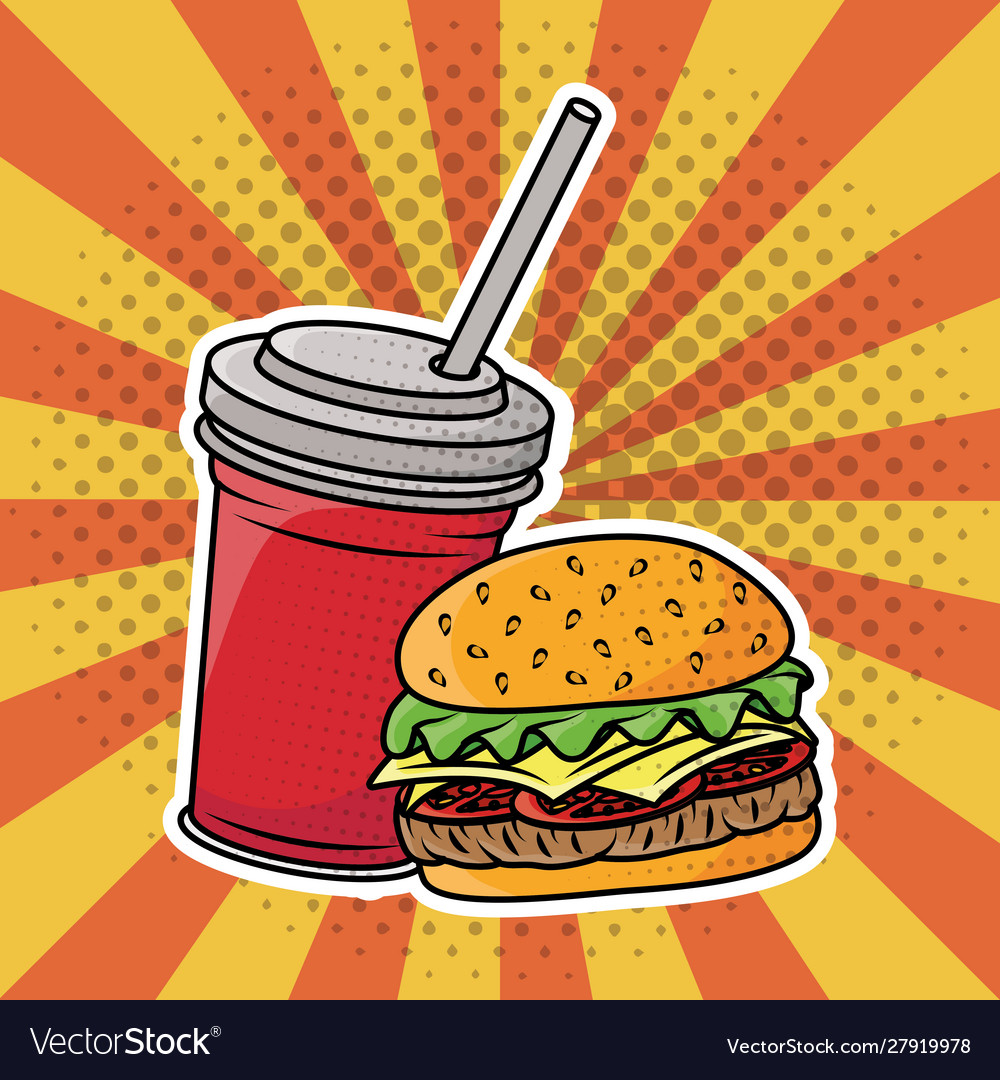 Hamburger and soda fast food pop art style