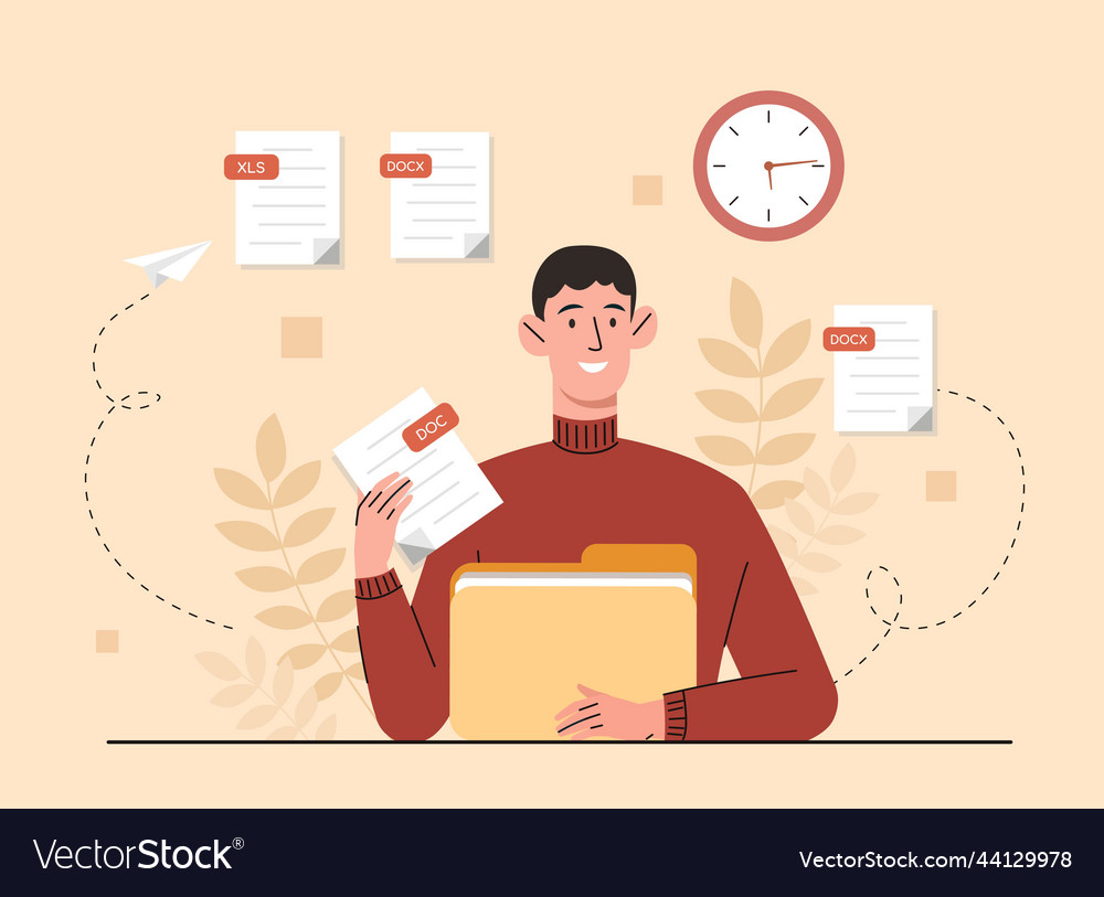 Man with text files vector image Man with text files