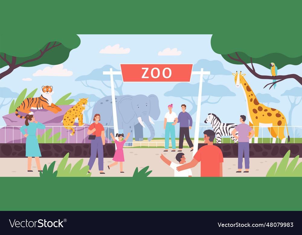 Flat zoo entrance gates with visitor family Vector Image