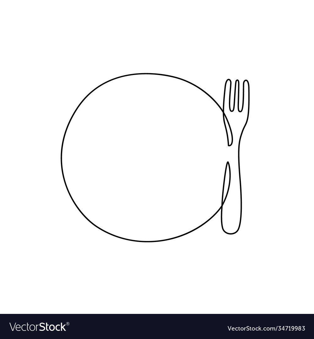 Round plate with fork one continuous line vector image Round plate with fork one continuous line