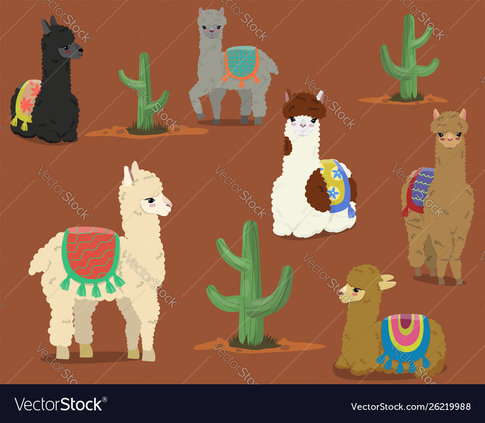 A Collection Cute Alpacas And Cacti Set Royalty Free Vector