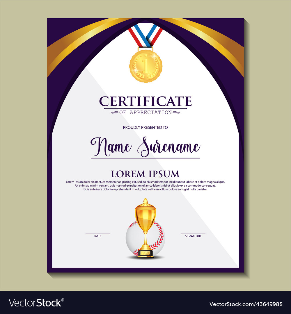 Baseball certificate design with gold cup set Vector Image