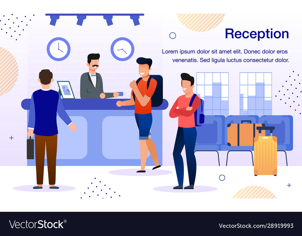 Arriving to comfortable hotel flat banner vector image Arriving to comfortable hotel flat banner