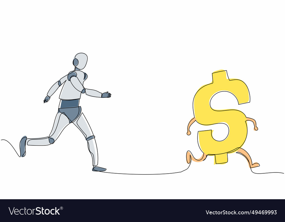 Single continuous line drawing robot chasing vector image Single continuous line drawing robot chasing