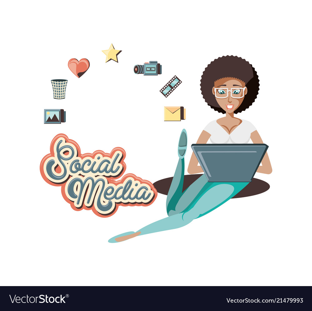 Woman with laptop social media icons