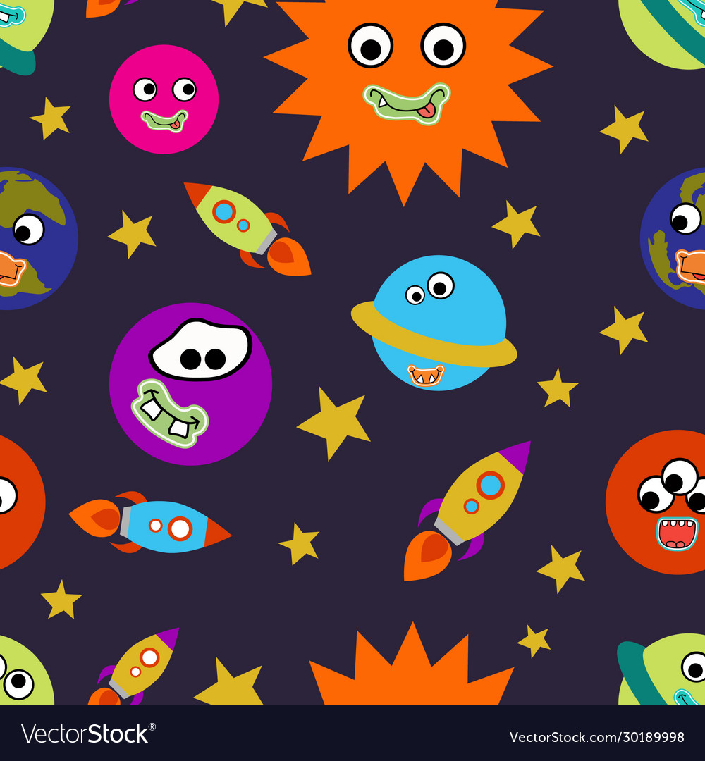 Children seamless pattern with funny planets