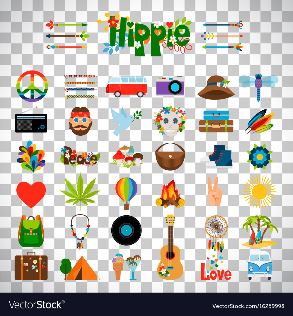 Hippie flat icons on transparent background