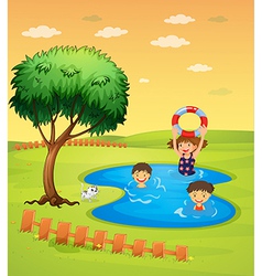 Backyard pool with fence and parasol Royalty Free Vector