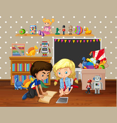 Children reading books in living room Royalty Free Vector