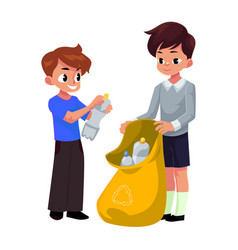 Kids boys collect plastic bottles into garbage Vector Image