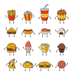 Set of cartoon doodle icons junk food Royalty Free Vector