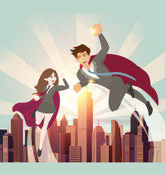 Silhouette man and women superhero with sunlight Vector Image