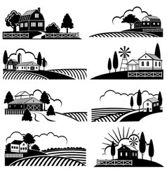 Rural scene with houses and trees sketch Vector Image