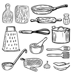 Kitchen supplies sketch set Royalty Free Vector Image