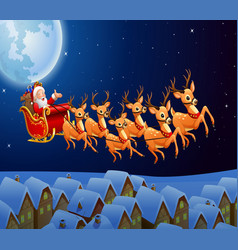 Santa rides reindeer sleigh flying in the sky Vector Image