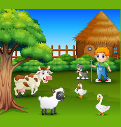 Cartoon happy farmer and sheep in farm Royalty Free Vector