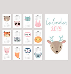 Calendar 2019 template with cute animals Vector Image