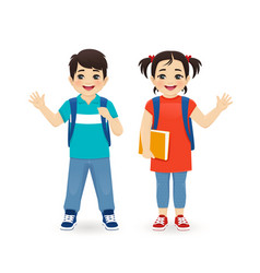 Cartoon boy and girl waving hand Royalty Free Vector Image