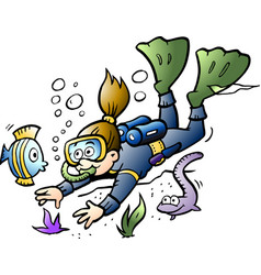 Cartoon A Diver Looking At Colorful Fish Vector Image