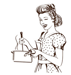 Young woman with retro clothes cooking soup on Vector Image