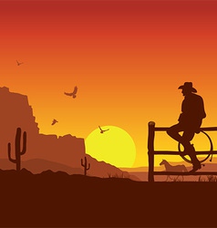 Cartoon happy cowboy with horse in the desert Vector Image