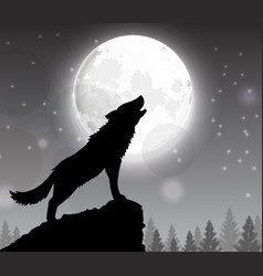 Silhouette of wolf with crescent moon and stars Vector Image