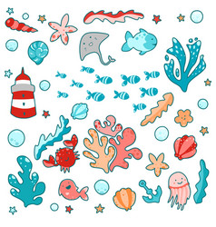 Sea creature big set colorful cartoon ocean vector image