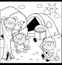 Happy children playing in a forest camping site Vector Image