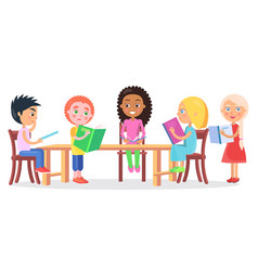 School kids sitting on table Royalty Free Vector Image