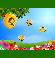 Scene with bees flying around beehive Royalty Free Vector