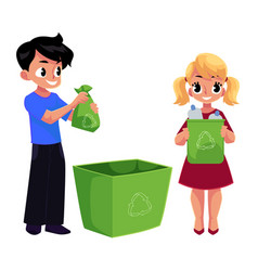 Kids collect plastic bottles into garbage bag Vector Image