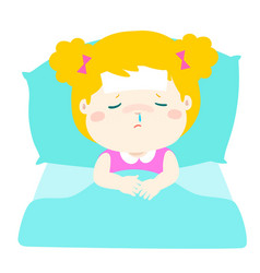 Little sick girl in bed cartoon Royalty Free Vector Image