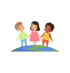 Happy kids standing over rainbow Royalty Free Vector Image