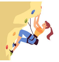 Cartoon woman rock climbing on yellow boulder Vector Image