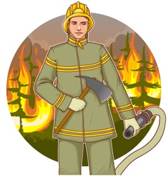 Firefighter with a fire hose against a fire Vector Image