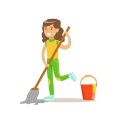 Boy cleaning floor with the mop smiling cartoon Vector Image