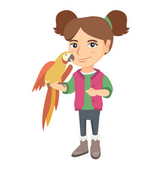 Caucasian little girl holding parrot on her hand Vector Image