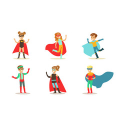 Cute boys and girls in superhero costumes set Vector Image