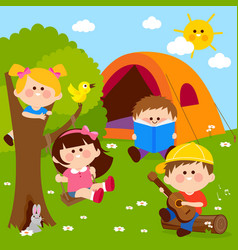 Happy children in a camping site Royalty Free Vector Image