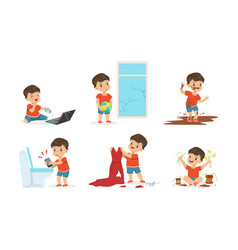 Cute little bully boy cutting red mothers dress Vector Image