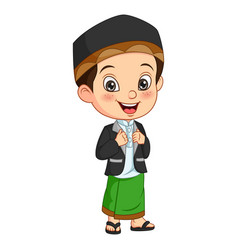 Happy muslim boy cartoon hitting bedug Royalty Free Vector