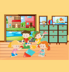 Many kids folding paper craft in the room Vector Image