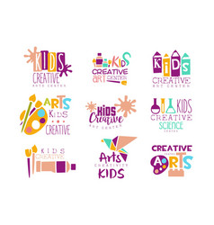 Kids line logo set paint palette with brush Vector Image