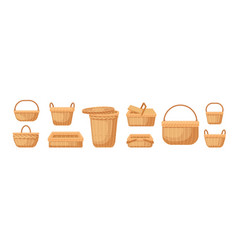 Wicker baskets set yellow knapsacks in decorative Vector Image