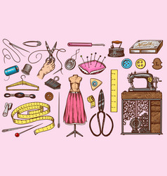 Set sewing tools and materials or elements Vector Image